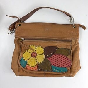 Fossil Brown Leather Shoulder Bag with Colorful Floral Design Boho Vintage